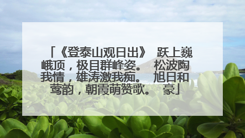 《登泰山观日出》 跃上巍峨顶，极目群峰姿。 松波陶我情，雄涛激我痴。 旭日和莺韵，朝霞萌赞歌。 豪