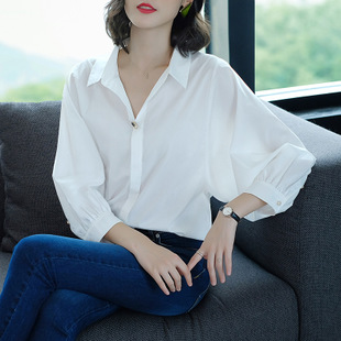 衬衫女七分袖设计感小众上衣2019春夏新款韩版拼接蝙蝠袖女士衬衣