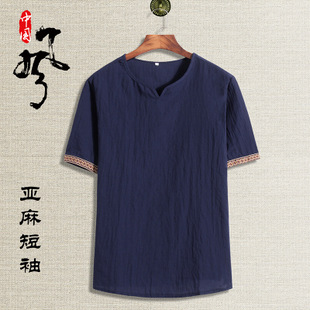 中国风男装仿棉麻T恤夏季宽松短袖大码T恤薄款中式复古仿亚麻体恤
