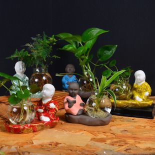 桌面绿萝玻璃花瓶小清新客厅家居饰品小和尚沙弥陶瓷水培花盆花器