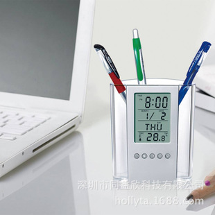 万年历电子时钟透明笔筒创意商务广告促销礼品 跨境货源塑胶笔筒