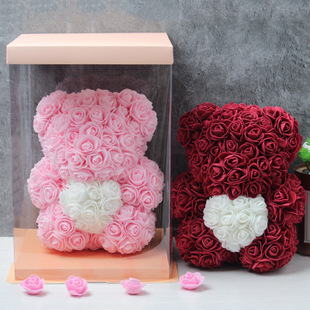 外贸圣诞节玫瑰花熊泡沫PE仿真花抱心玫瑰熊创意小熊节日生日礼物